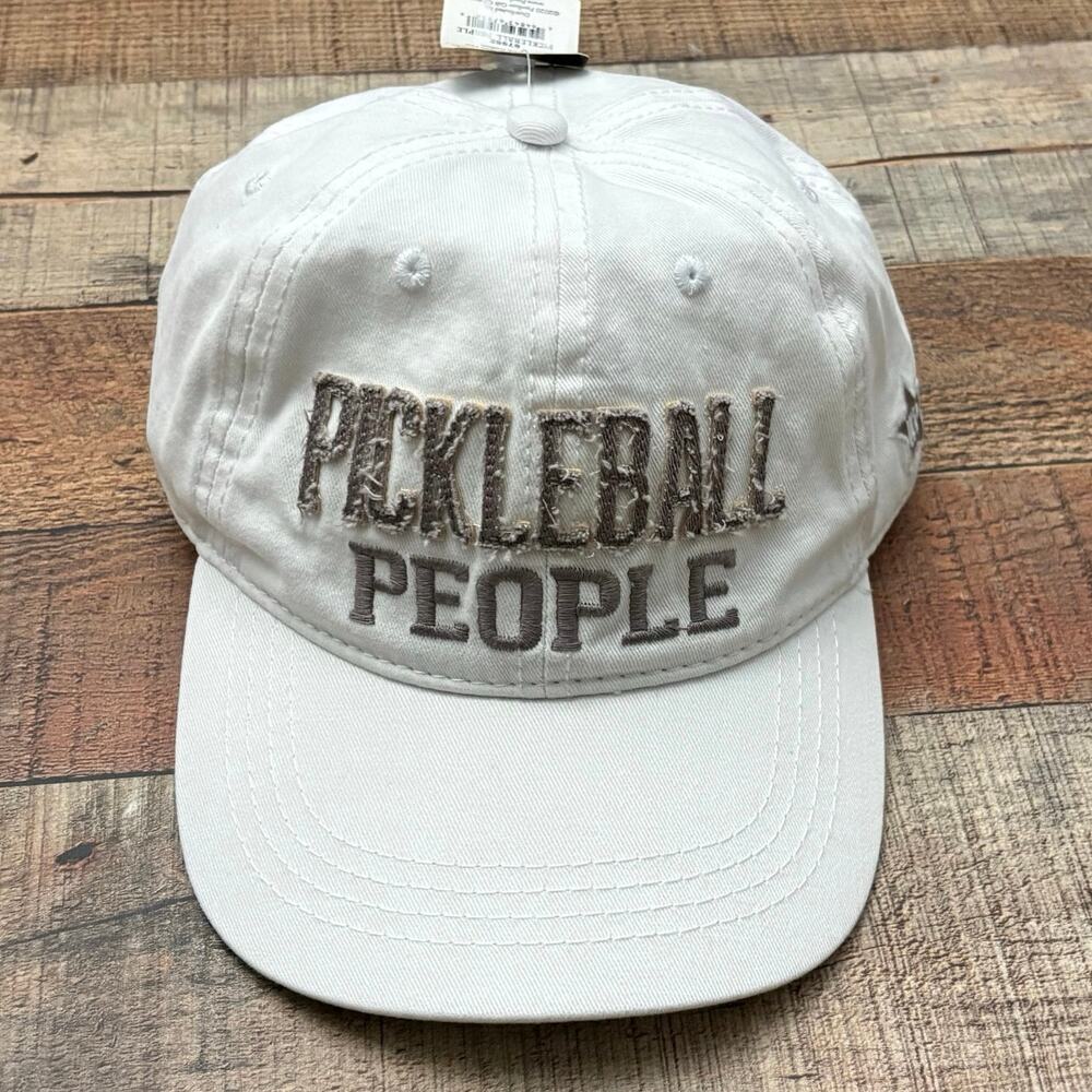 Pickleball People White Adjustable Hat Distressed tan Embroidery Baseball Cap